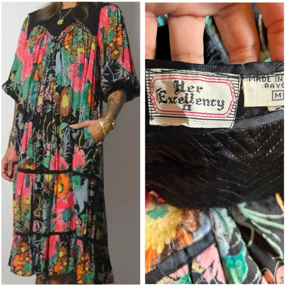 Vintage Her Excellency Floral Boho Maxi Dress Rayon India Tiered Cottagecore